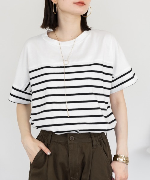 tシャツ パネルボーダー 5分袖トップス Tシャツ カットソー シンプル 