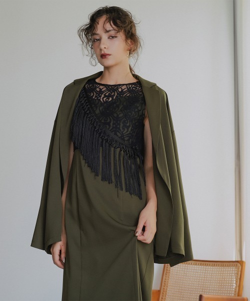 Callarus セットアップ ノーカラージャケットアシメフリンジ使いレース