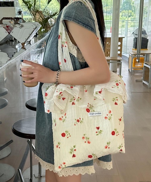 VIBGYOR トートバッグ Liaa/花柄 くしゅくしゅ フリル トートバッグ