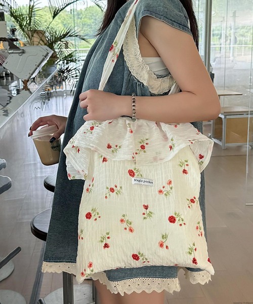 VIBGYOR トートバッグ Liaa/花柄 くしゅくしゅ フリル トートバッグ