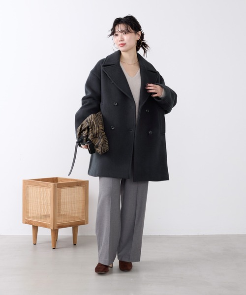 極美品 ウールコート Pコート 大きいサイズ 15号 ブラック 黒 定価3万円程 MICA&DEAL（マイカアンドディール） ピーコート pコート ウール