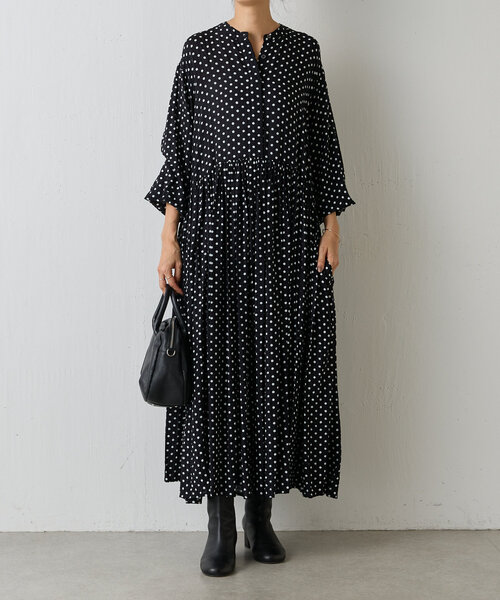 タグ付き新品 BEARDSLEY 完売品 パール ギャザーワンピース 黒 長袖