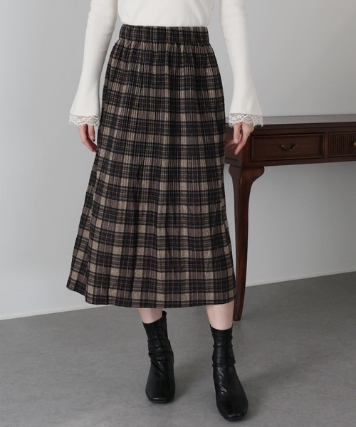 アンドマリー　チェックプリーツスカート BLACK IEDIT[イディット] 大人チェック柄のすそ切り替えマーメイドスカート