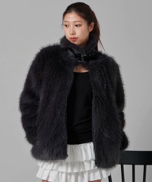 JUN&ROPE フェイクファーブルゾン 黒 Chick ブルゾン アウター Faux Fur Chin Strap 2-Way Poodle Jacket