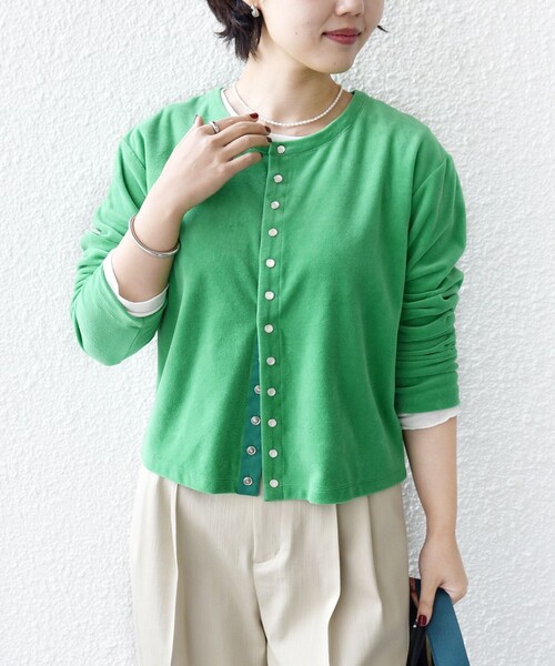 【あや】フランシュリッペ ミントグリーン パールボタンカーディガン SHIPS（シップス） カーディガン 「手洗い可能」コットン ベロア