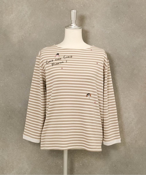 ピッコーネ ボーダー カットソー チュニック 半袖 ビーズ ワンポイント 38 STUDIO PICONE（スタジオピッコーネ） tシャツ ビーズ刺繍七分袖