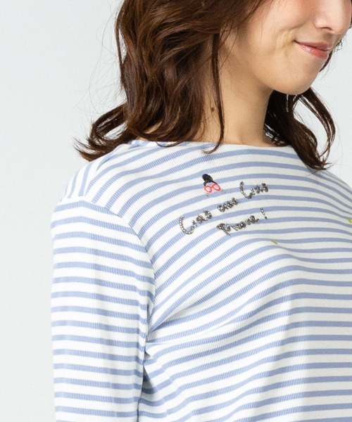 ピッコーネ ボーダー カットソー チュニック 半袖 ビーズ ワンポイント 38 STUDIO PICONE（スタジオピッコーネ） tシャツ ビーズ刺繍七分袖