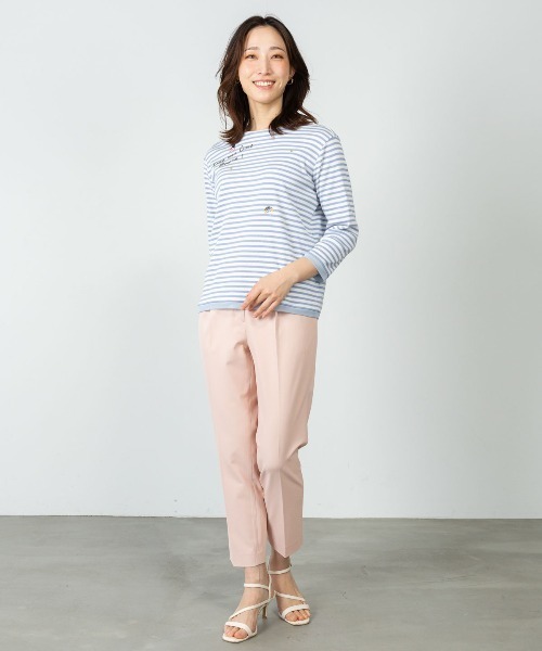 ピッコーネ ボーダー カットソー チュニック 半袖 ビーズ ワンポイント 38 STUDIO PICONE（スタジオピッコーネ） tシャツ ビーズ刺繍七分袖