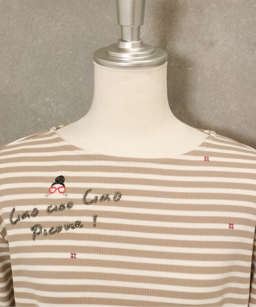 ピッコーネ ボーダー カットソー チュニック 半袖 ビーズ ワンポイント 38 STUDIO PICONE（スタジオピッコーネ） tシャツ ビーズ刺繍七分袖