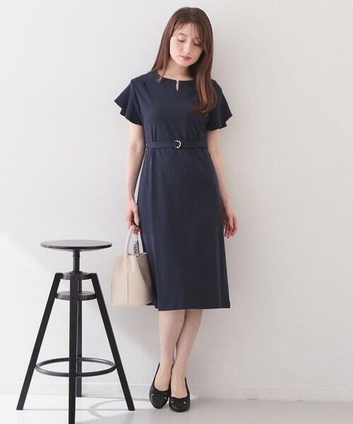 jun ashidaネイビー半袖 フレアスリーブ 膝丈ワンピース　サイズ9 M index（インデックス） ワンピース 半袖 「接触冷感／UVケア」Iライン