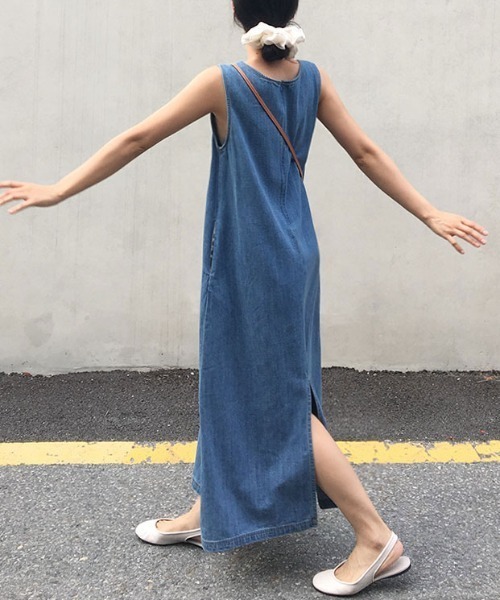 Diosfront ワンピース バックスリットデニムノースーリブワンピース