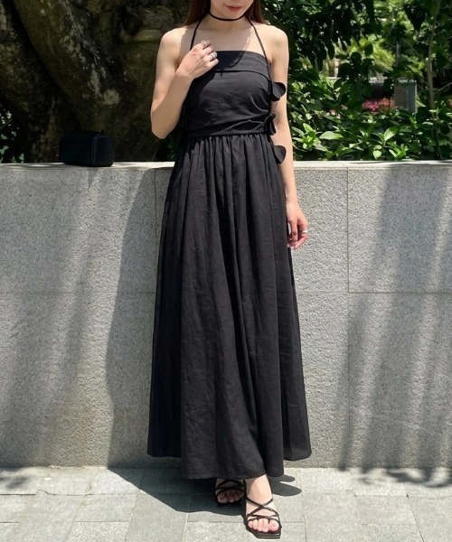 ワンピース 夏 2WAYフラワーモチーフネックリボン付きチューブトップ