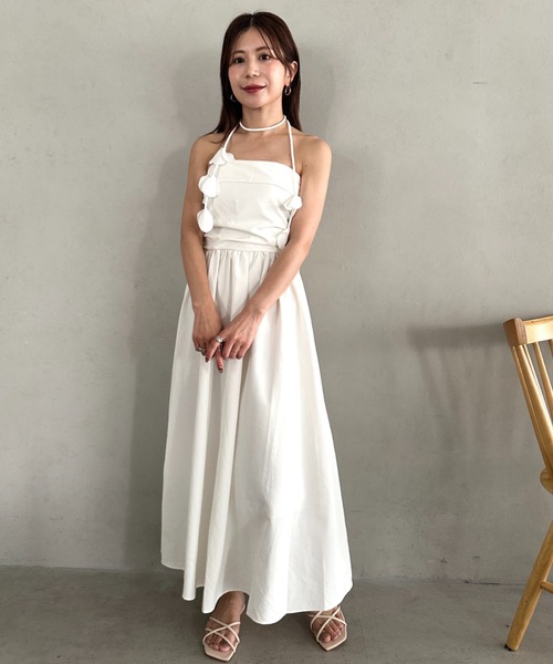 ワンピース 夏 2WAYフラワーモチーフネックリボン付きチューブトップ