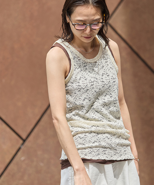 tシャツ ストレッチフラワーレースタンク レディースの画像