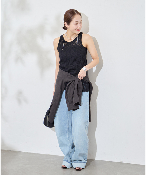 tシャツ ストレッチフラワーレースタンク レディースの画像