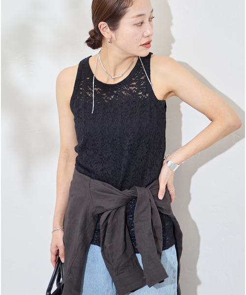 tシャツ ストレッチフラワーレースタンク レディースの画像