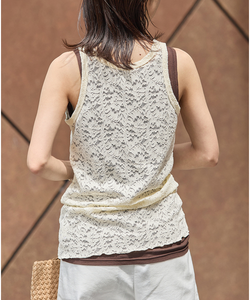 tシャツ ストレッチフラワーレースタンク レディースの画像