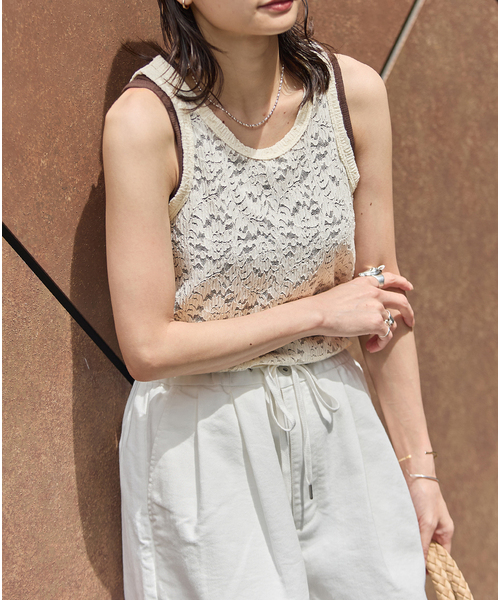 tシャツ ストレッチフラワーレースタンク レディースの画像
