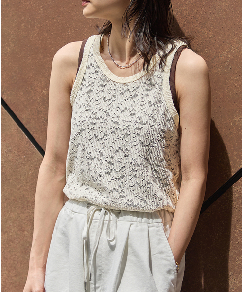tシャツ ストレッチフラワーレースタンク レディースの画像