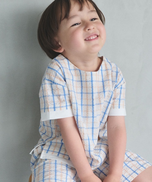 familiar 90cm 男の子 シャンブレー調チェックのセットアップ petit main セットアップ 「藤本美貴コラボ」BOYSチェックセットアップ