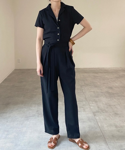 She's Closet オールインワン リネンコットンVネック 開襟半袖ジャンプ