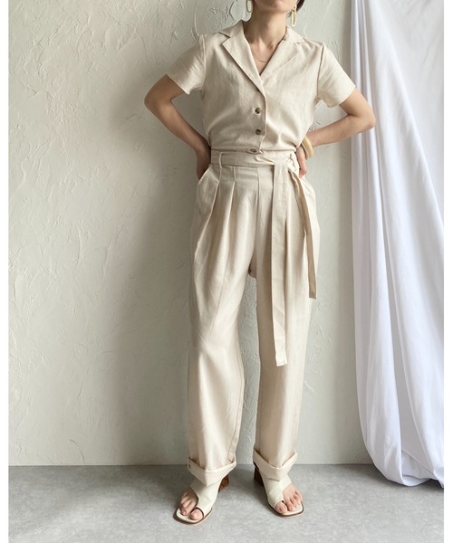She's Closet オールインワン リネンコットンVネック 開襟半袖ジャンプ