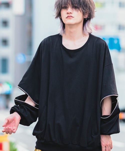 tシャツ Tシャツ オープンジップスリーブカットソー -オーバーサイズ 