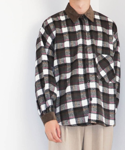 シャツ 衿コーデュロイチェック バルーンスリーブ OVシャツ メンズ