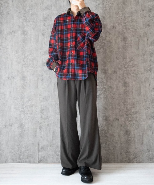 シャツ 衿コーデュロイチェック バルーンスリーブ OVシャツ メンズ