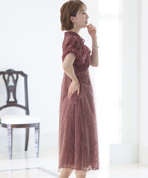 PourVous ドレス コードレース パーティードレス お呼ばれ袖あり