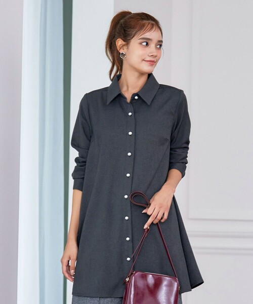 Tiaclasse ブラウス シャツ 「洗える」ウール調パールボタンシャツ