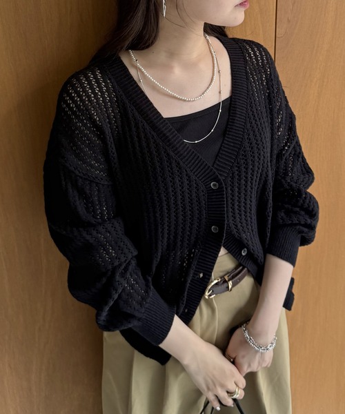 ルールロジェット コットンシルクカーディガン ブラック　透かし編みカーディガン leur logette(ルール ロジェット)｜コットンニットカーディガン