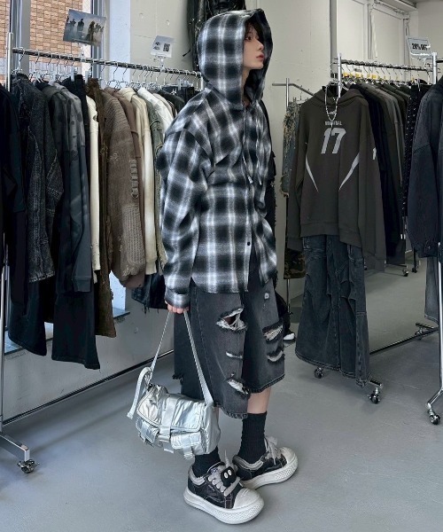 【XU DOG】チェックフードシャツ 受注制【Never mind the XU】check hood shirt / 【ネバー