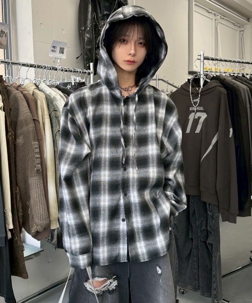 シャツ HUECLOSET Dust Check Hood Shirt HUECLOSET Dust Check Hood Shirt