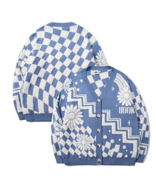 カーディガン HOOK -original- レトロ調幾何学模様 部分シャギーニット