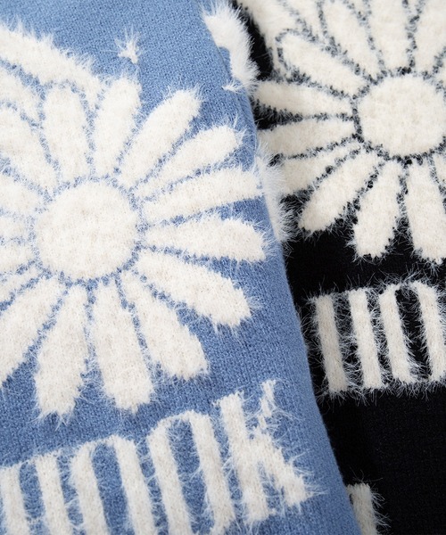 カーディガン HOOK -original- レトロ調幾何学模様 部分シャギーニット