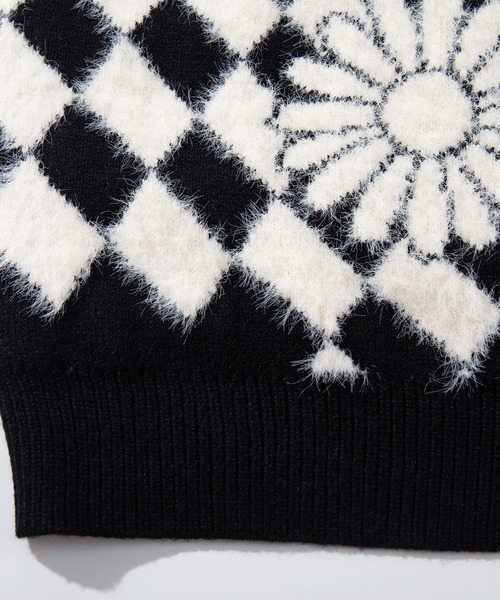 カーディガン HOOK -original- レトロ調幾何学模様 部分シャギーニット