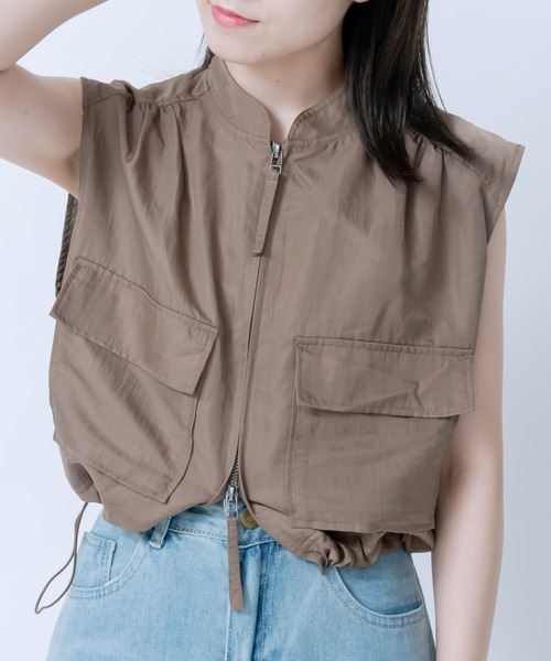 ベスト ジレ ナイロンツイル ショートベスト レディース