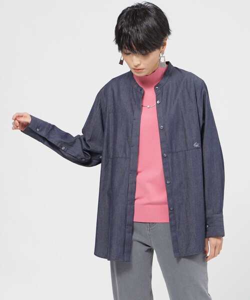 ブラウス シャツ 「STORY掲載」「カタログ掲載品」「ウォッシャブル」ライトデニムバンドカラーブラウス レディース