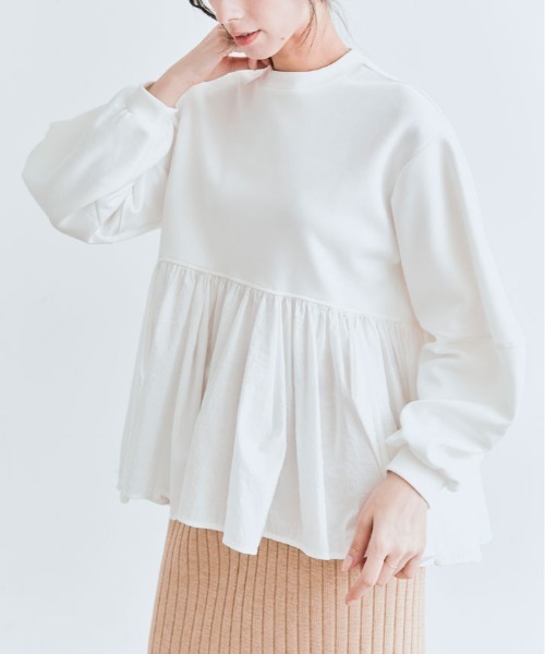 トレーナー スウェット 異素材 MIX ダンボール ペプラム プルオーバー