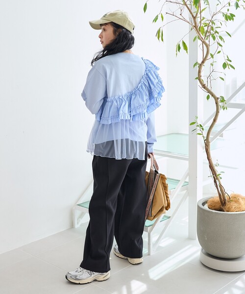 チュールフリルロングTシャツ FREAK'S STORE tシャツ フリルチュールドッキング ロンT