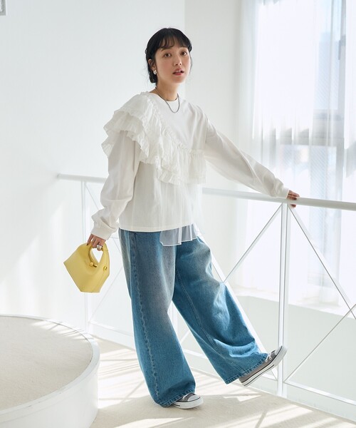 チュールフリルロングTシャツ セール】チュールフリル 長袖Tシャツ（Tシャツ/カットソー