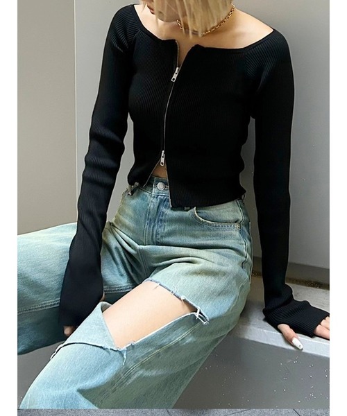 EVRIS - 【美品】Evris ジッパーニット　ブラック EVRIS ニット セーター フロントジップオフショルニットトップス