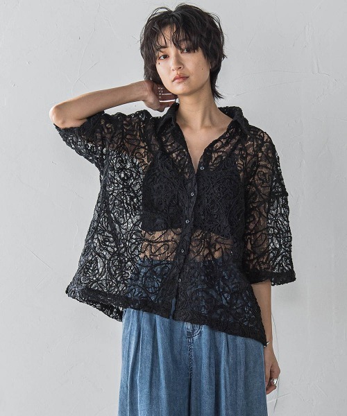 ブラウス シャツ 「WEB限定」コード刺繍レースワイドシャツ「手洗い可能」 レディース
