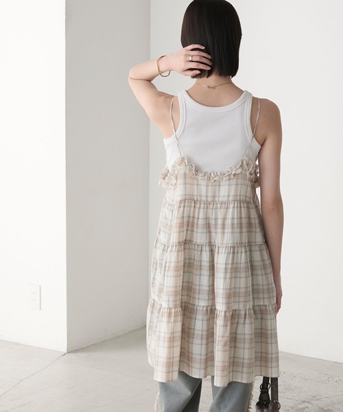 00s TRALALA ビスチェ風 モノトーンチェック柄フリルキャミワンピ トゥララ TRALALA チェック キャミワンピ 黒×白 リボン フリル