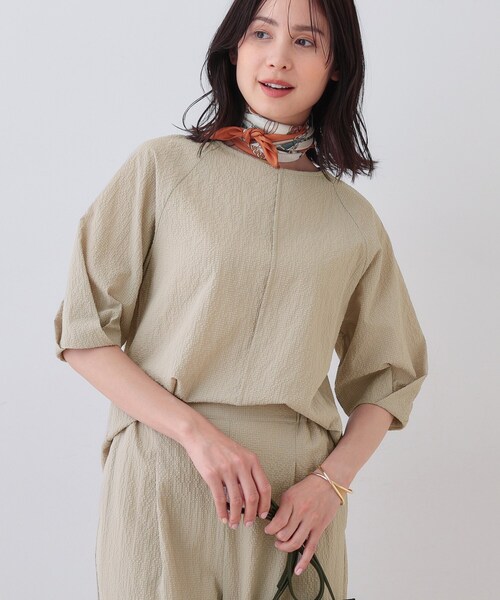 未使用☆INDIVI インディヴィ☆グリーン 上質 長袖ブラウス　麻　手洗い可 春SALE！【トレンド／ヘアリー】フリンジカットジャカードT