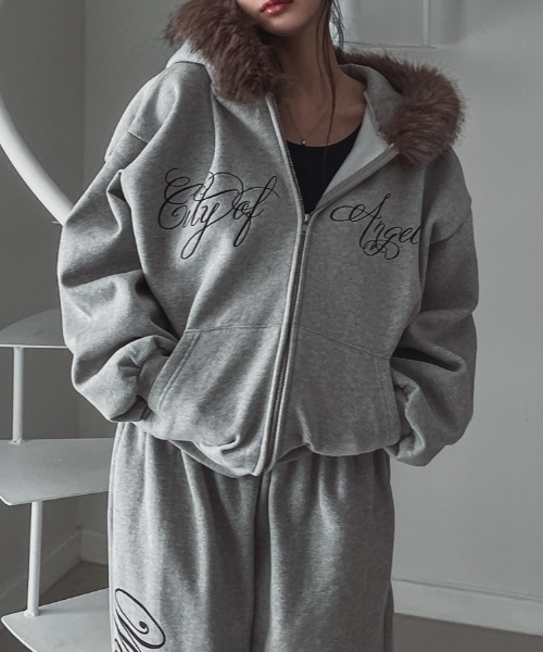 年内限定セール】EPNKファー付きフードグレー ジップアップパーカー L