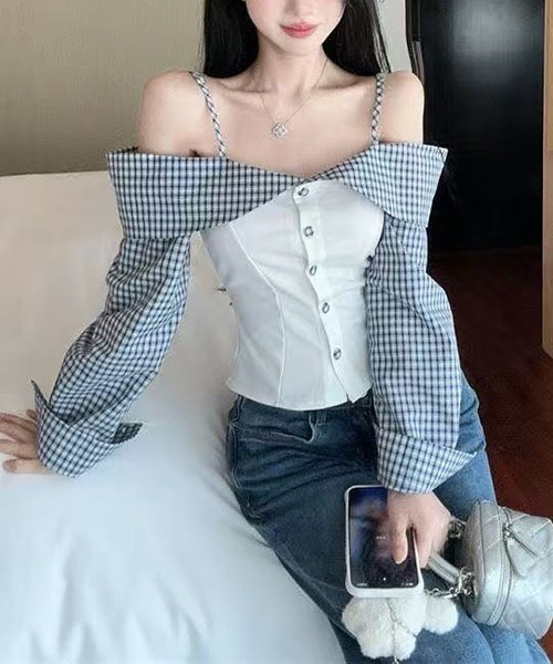 gossip!ロサンゼルス tシャツ ギンガムチェック長袖オフショルダー
