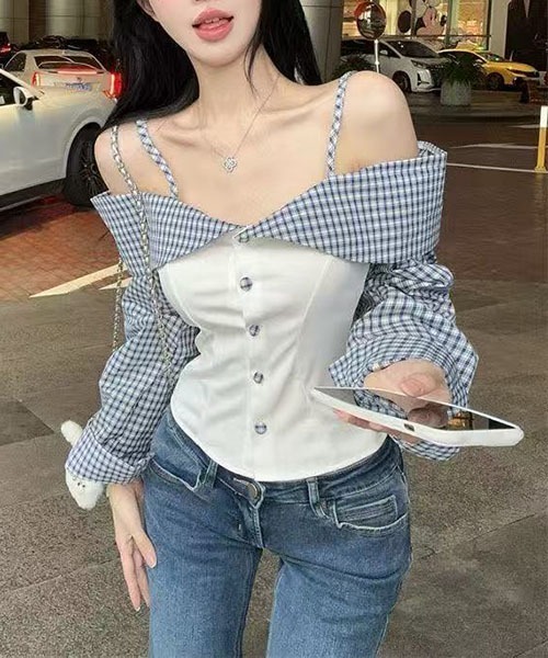 オフショルダー デニムコルセット トップス gossip!ロサンゼルス tシャツ ギンガムチェック長袖オフショルダー