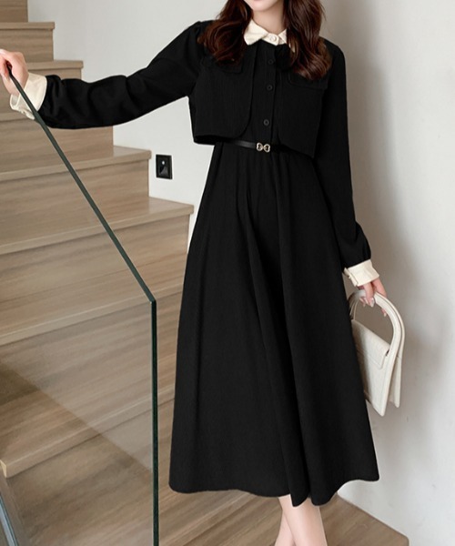 Diosfront ワンピース ケープデザインコーヂュロイ配色ワンピース